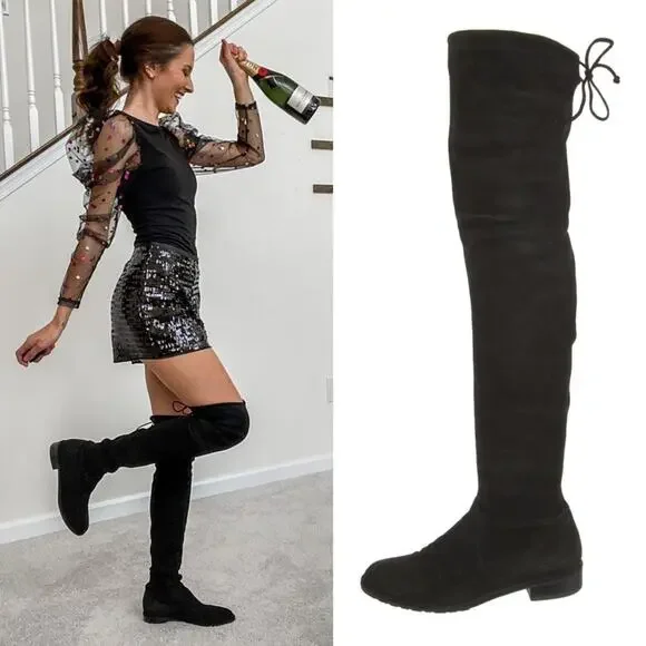Stuart Weitzman Lowland Stretch Leather Suede Over-the-Knee Boots Black Size 7 - Picture 1 of 9
